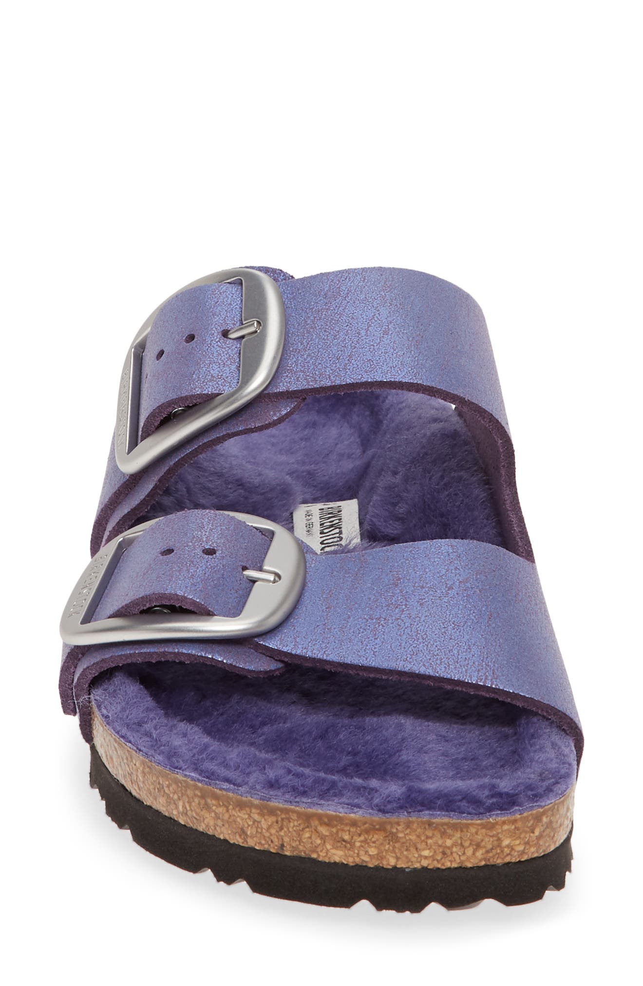 Perfect Pairs Arizona Big Buckle Sandal with Genuine Shearling Lining, Alternate, color, WASHED METALLIC VIOLET LEATHER