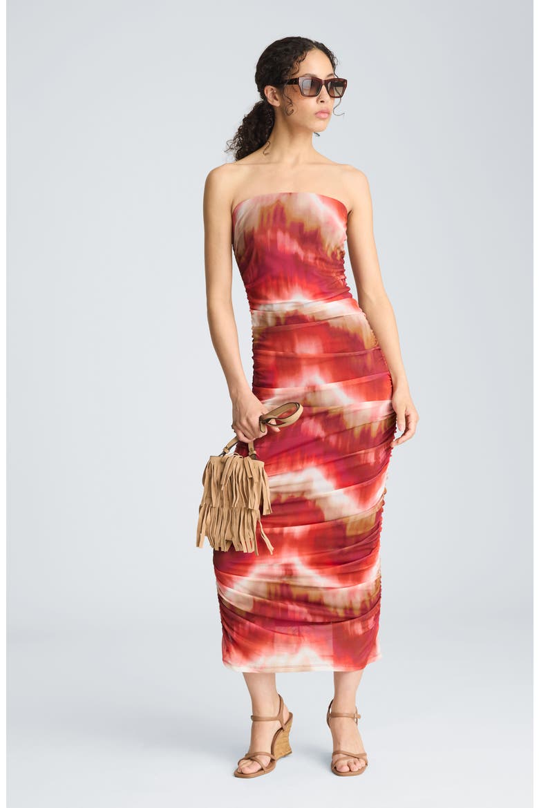 Strapless Ruched Midi Dress, Alternate, color, PUNCH MULTI