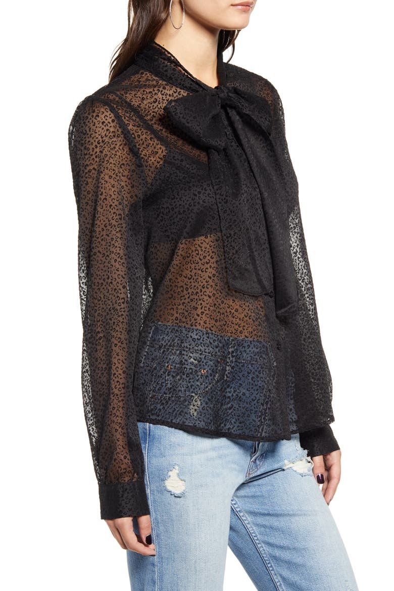 Leopard Print Front Tie Velvet Burnout Blouse, Alternate, color, BLACK