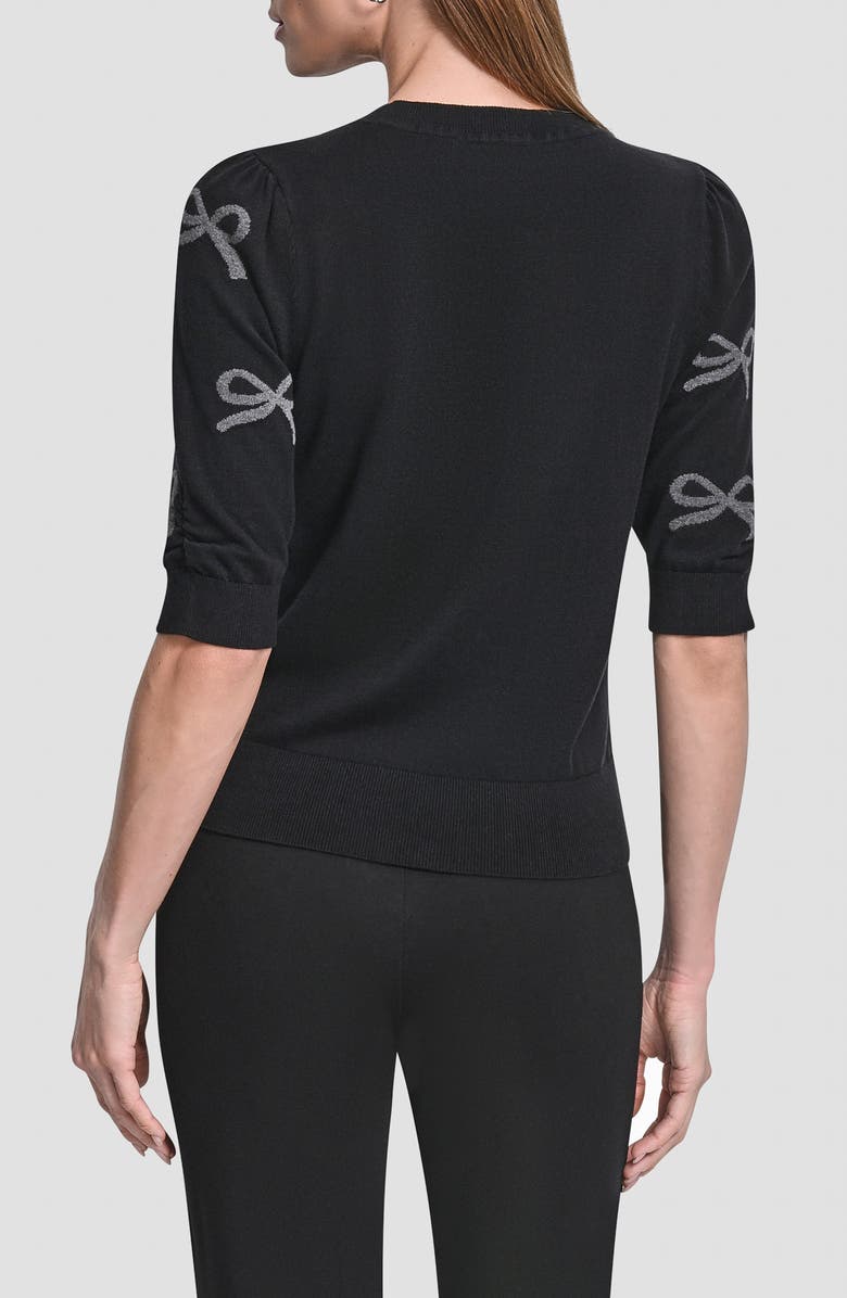 DKNY Sequin Bow Embellished Short Sleeve Cotton Blend Crewneck Sweater, Alternate, color, Black