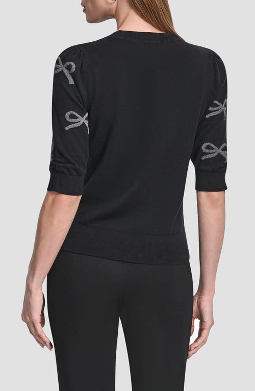 Dkny Sequin Bow Embellished Short Sleeve Cotton Blend Crewneck Sweater In Black