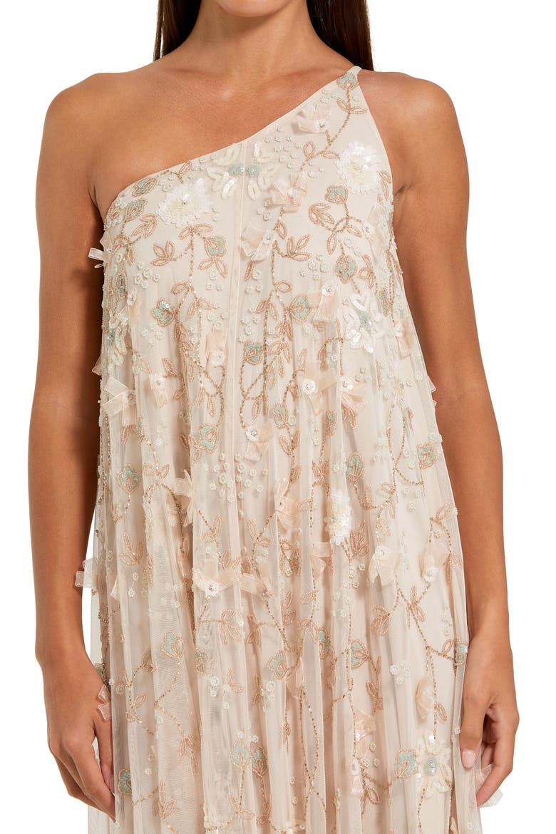 Floral Embellished Mesh One Shoulder Kaftan Gown, Alternate, color, Vanilla