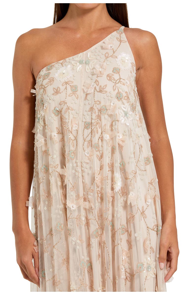Mac Duggal Floral Embellished Mesh One Shoulder Kaftan Gown, Alternate, color, Vanilla