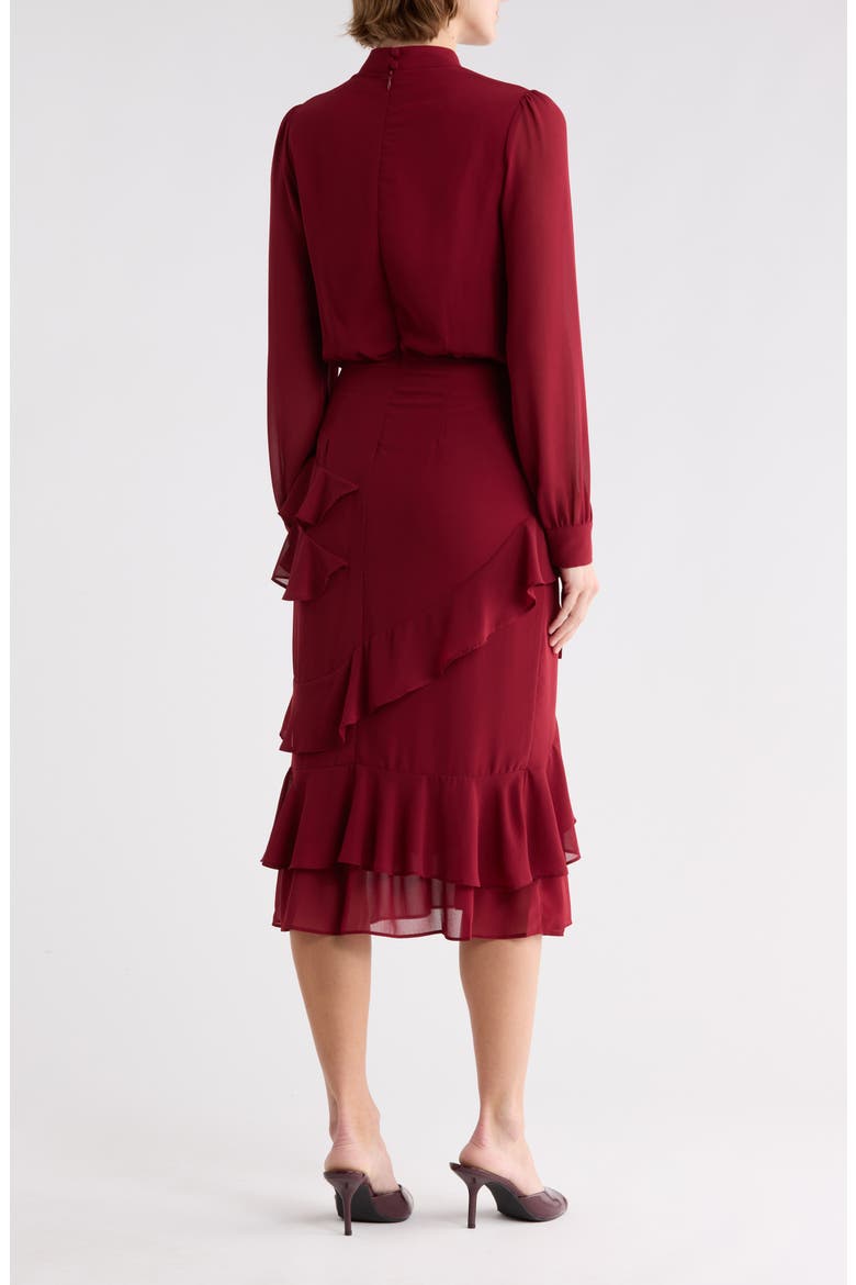 Evelyn Mock Neck Long Sleeve Ruffle Midi Dress, Alternate, color, BURGUNDY