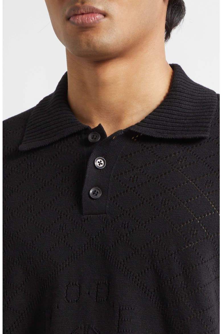 Anisette Floral Pointelle Stitch Cotton Polo Sweater, Alternate, color, BLACK