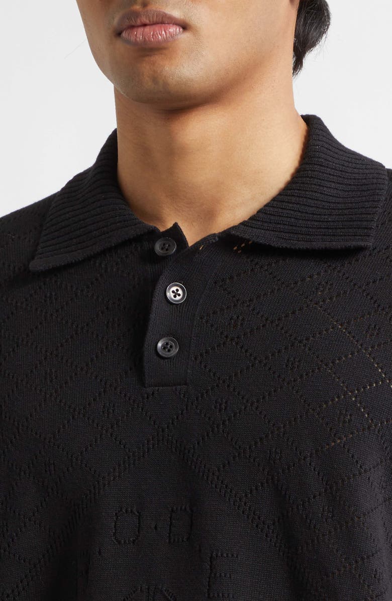 Bode Anisette Floral Pointelle Stitch Cotton Polo Sweater, Alternate, color, Black