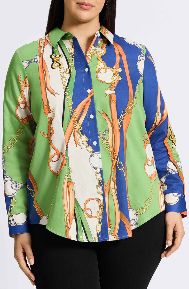 Foxcroft June Status Chain Cotton Button-Up Shirt, Main, color, Green Multi