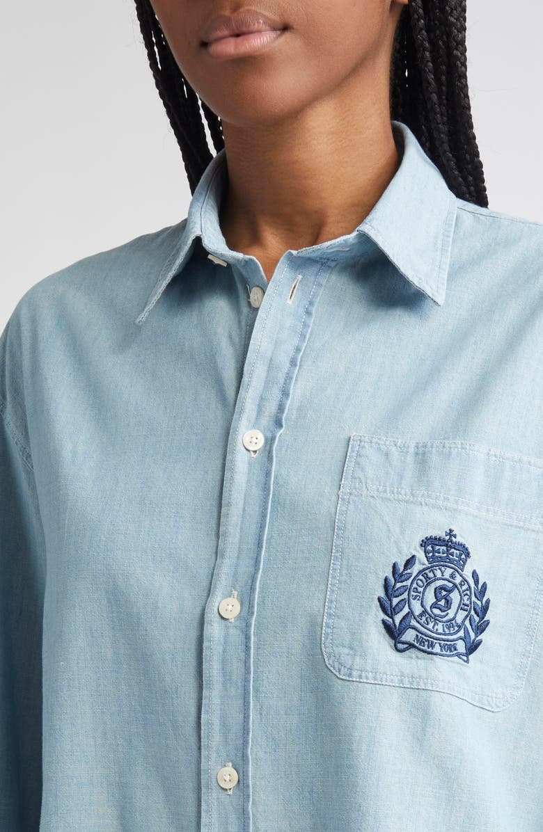 Sporty & Rich Embroidered Crest Oversize Chambray Button-Up Shirt, Alternate, color, Chambray