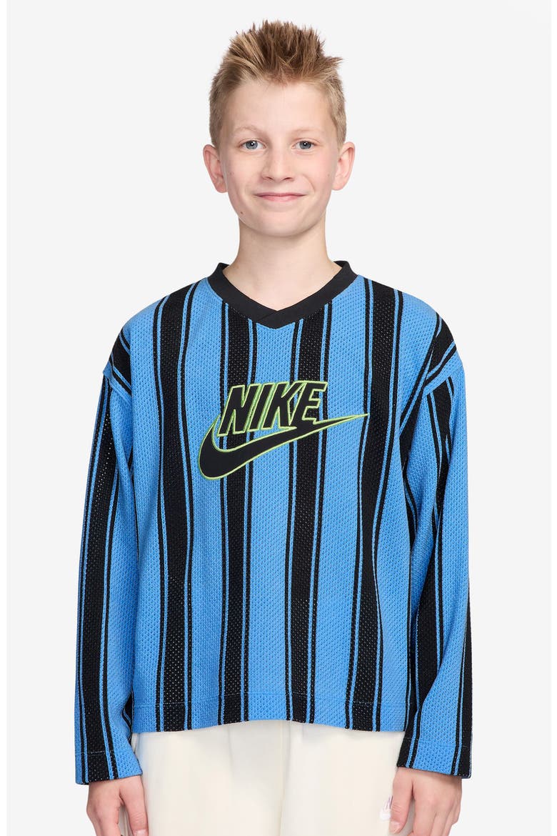 Kids' Sportswear Stripe Long Sleeve Mesh Jersey, Main, color, UNIVERSITY BLUE/ BLACK/ BLACK