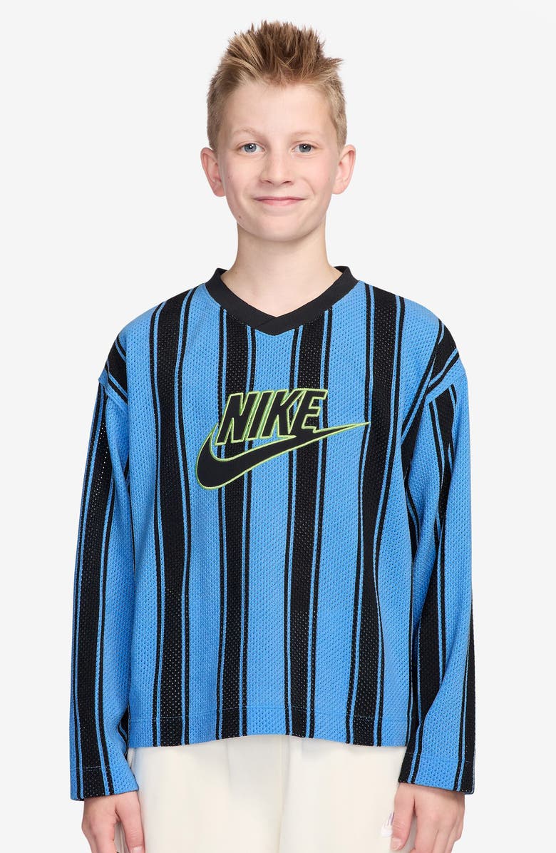 Nike Kids' Sportswear Stripe Long Sleeve Mesh Jersey, Main, color, University Blue/ Black/ Black