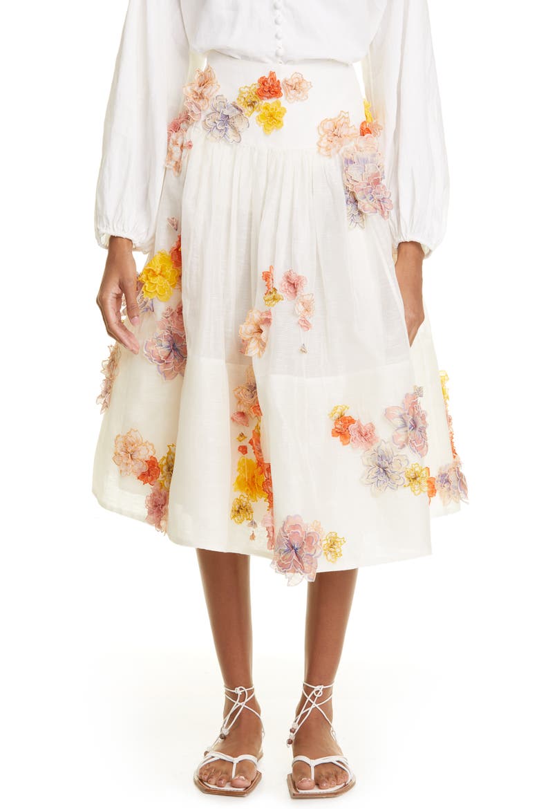 Postcard Floral Appliqué Linen & Silk Skirt, Main, color, IVORY
