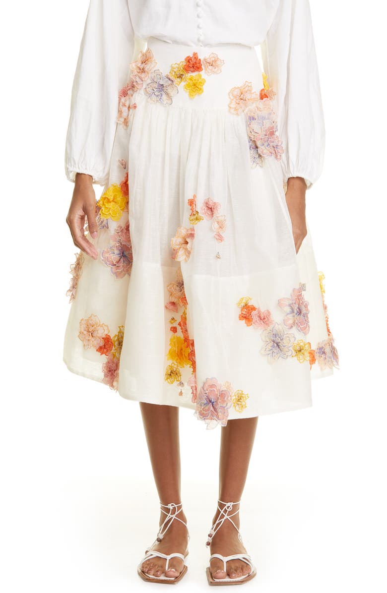 Zimmermann Postcard Floral Appliqué Linen & Silk Skirt, Main, color, 