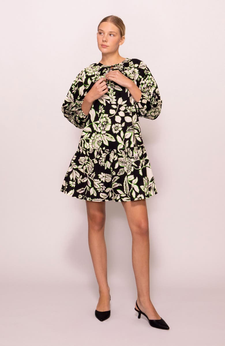 MELLODAY Floral Balloon Sleeve Babydoll Minidress, Alternate, color, Black Ivory