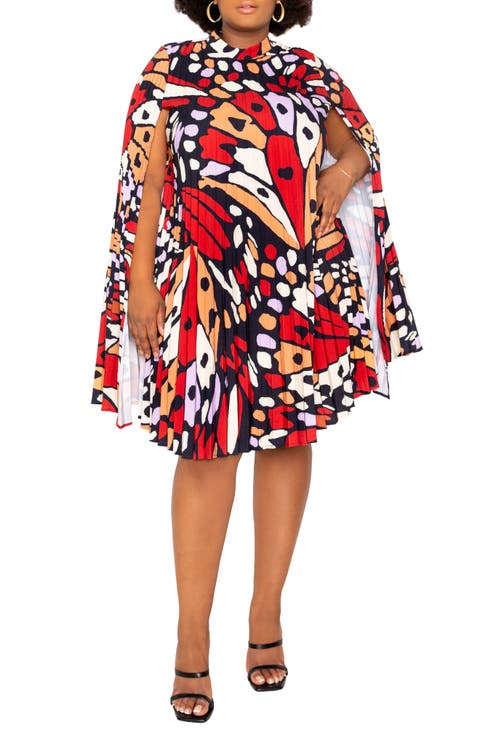 Butterfly Print Pleated Cape Minidress
