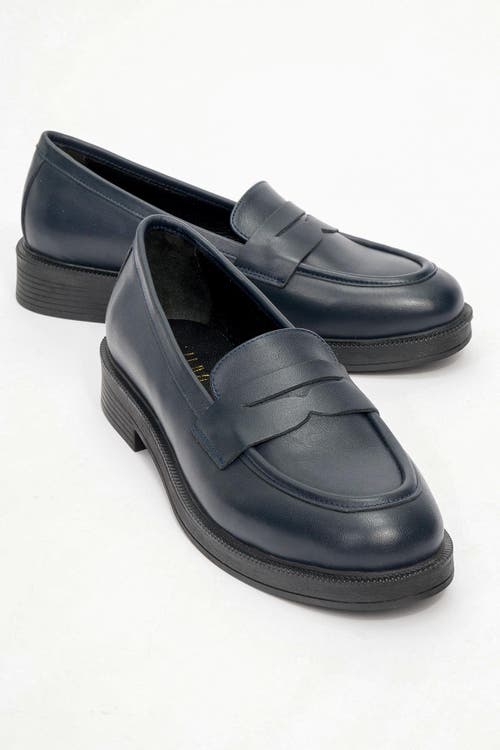 Forever & Always Shoes Bree Platform Penny Leather Loafer In Blue