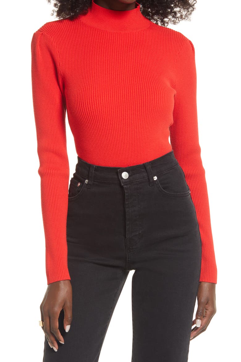 Open Back Mock Neck Sweater Bodysuit, Main, color, RED BLOOM