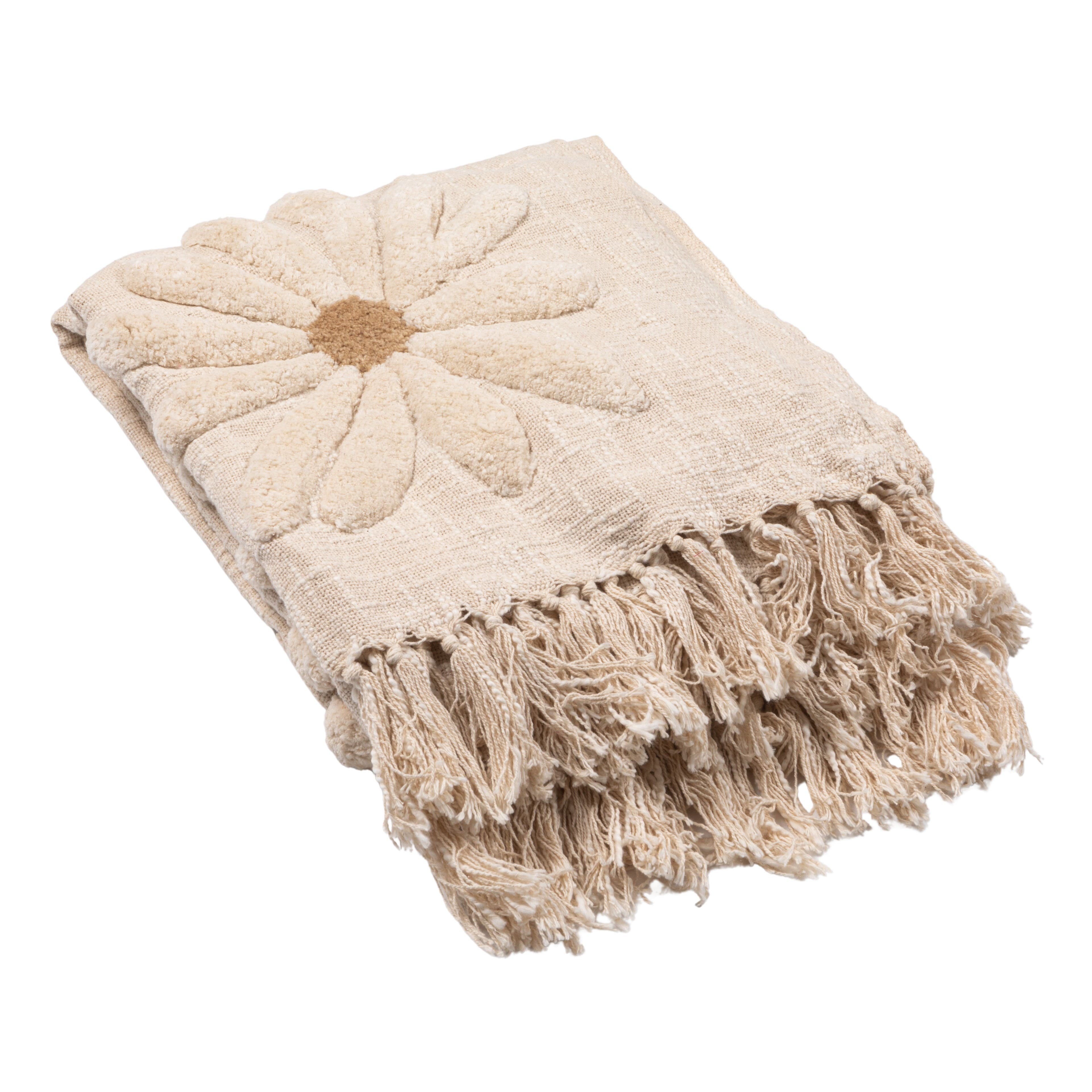 Storied Home Cotton Slub Throw With Tufted Flowers And Fringe, Natural And Tan Color In Neutral
