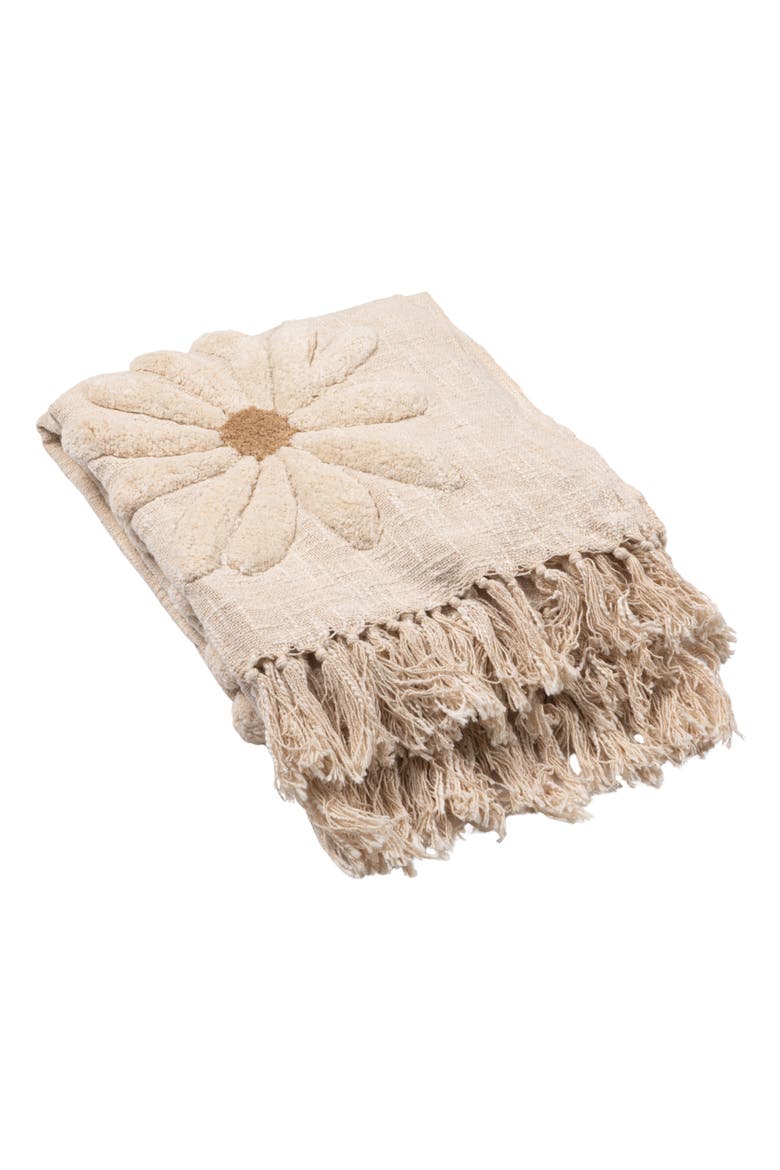 Cotton Slub Throw with Tufted Flowers and Fringe, Natural and Tan Color, Main, color, Cream