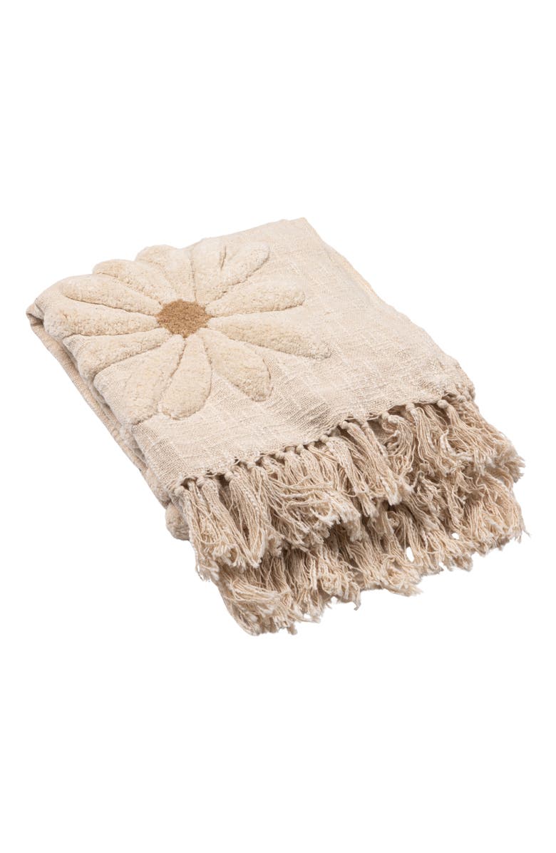 Storied Home Cotton Slub Throw with Tufted Flowers and Fringe, Natural and Tan Color, Main, color, Cream