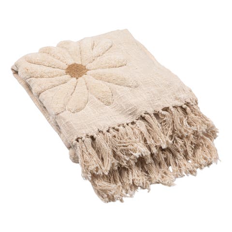Cotton Slub Throw with Tufted Flowers and Fringe, Natural and Tan Color