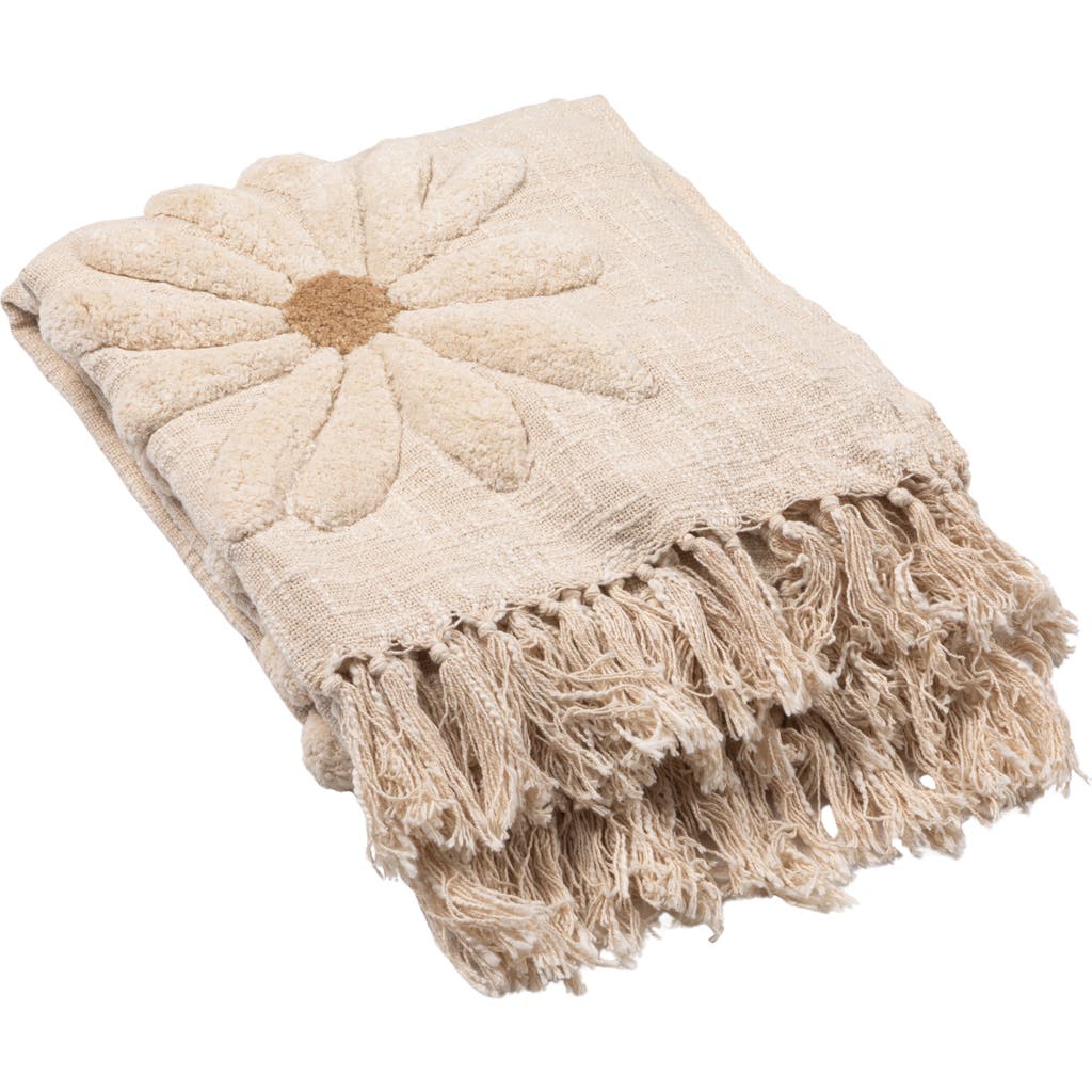 Storied Home Cotton Slub Throw With Tufted Flowers And Fringe, Natural And Tan Color In Neutral