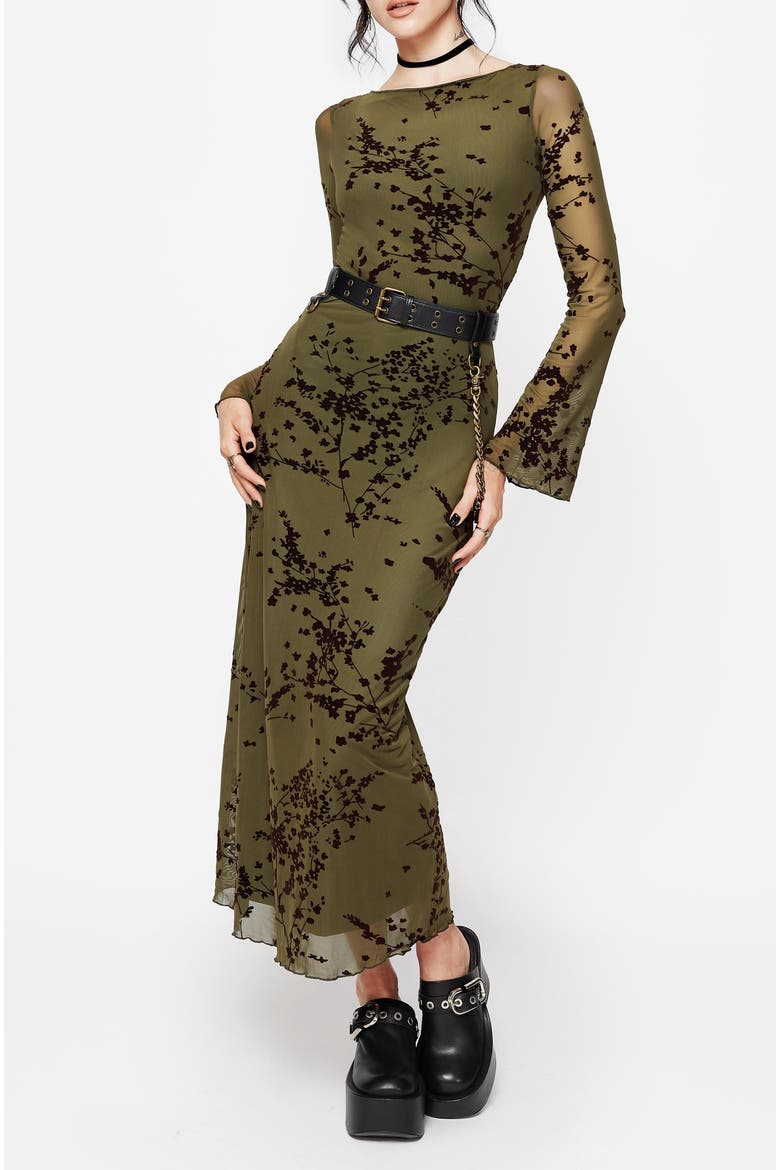 Jael Flocked Devoré Midi Dress, Main, color, Green