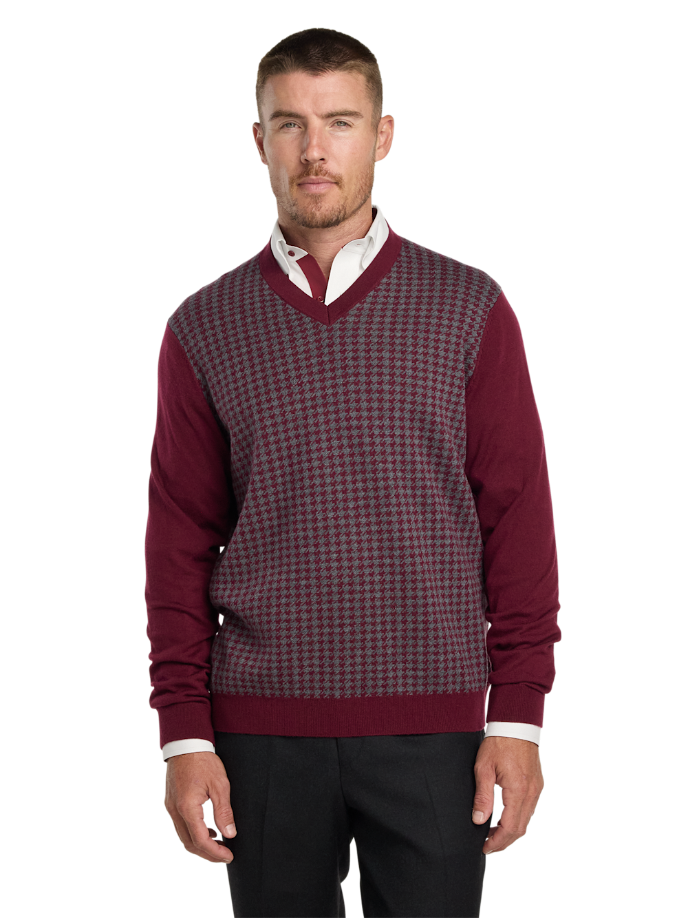 Washable Merino Wool Houndstooth V-neck Sweater - image 4