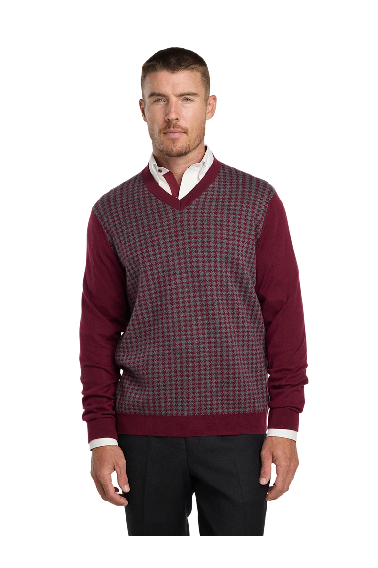 Washable Merino Wool Houndstooth V-neck Sweater, Alternate, color, Burgundy