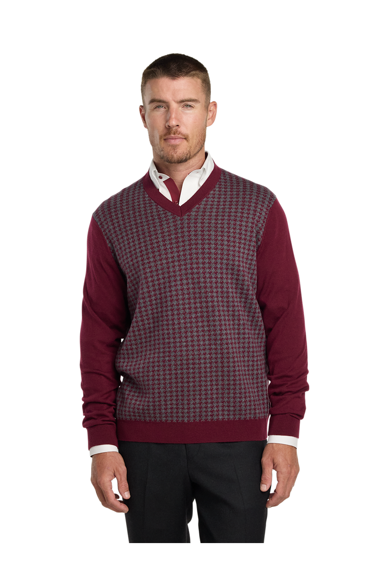 Paul Fredrick Washable Merino Wool Houndstooth V-neck Sweater, Alternate, color, Burgundy