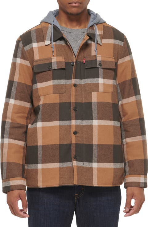 Plaid Faux Shearling Lined Jersey Hood Shirt Jacket