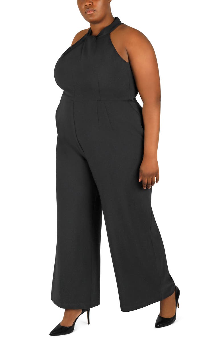 Julia Jordan Sleeveless Twisted Halter Wide Leg Jumpsuit, Alternate, color, Black