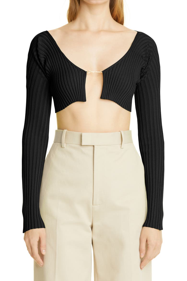 La Maille Pral Rib Crop Cardigan, Main, color, BLACK