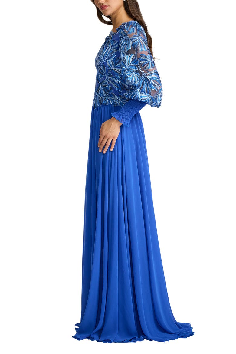 Embroidered Bodice Long Sleeve Gown, Alternate, color, BLUE LAGOON
