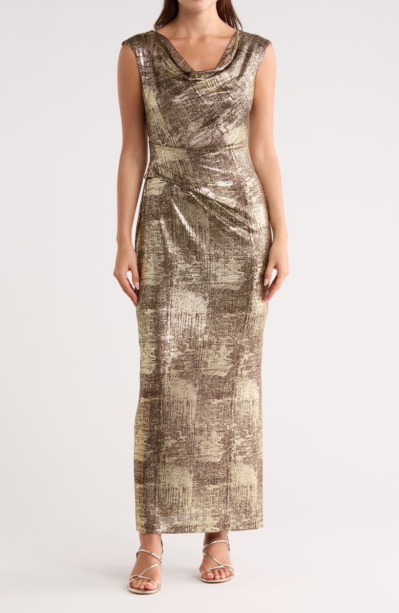 Connected Apparel Metallic Cowl Neck Sleeveless Gown, Main, color, Brown