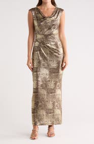 Connected Apparel Metallic Cowl Neck Sleeveless Gown