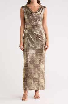 Connected Apparel Metallic Cowl Neck Sleeveless Gown