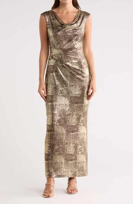 Connected Apparel Metallic Cowl Neck Sleeveless Gown