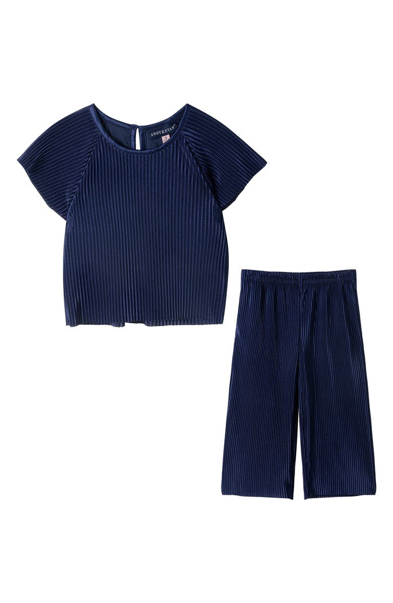 Andy & Evan Kids' Plissé T-Shirt & Wide Leg Pants Set, Main, color, Navy
