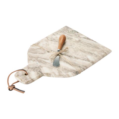 Marble Cheese and Cutting Board with Handle, Leather Tie and Canape Knife, Buff
