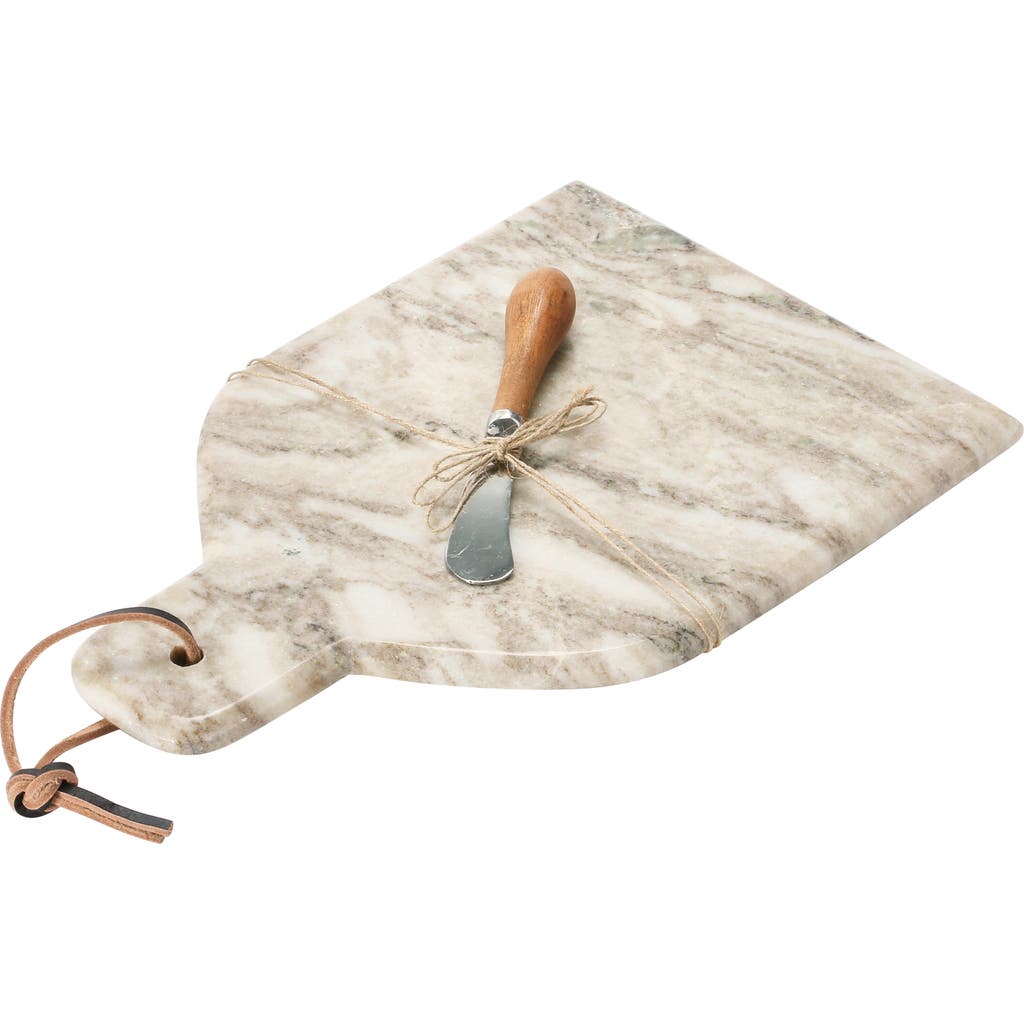 Storied Home Marble Cheese And Cutting Board With Handle, Leather Tie And Canape Knife, Buff In Neutral