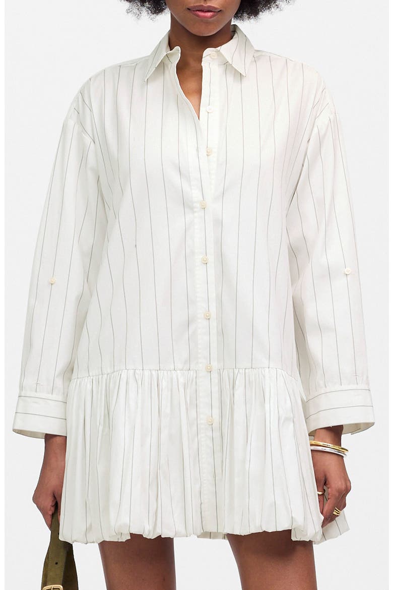 Pinstripe Poplin Bubble Hem Mini Shirtdress, Main, color, SLIM DOUBLE STRIPE WHITE