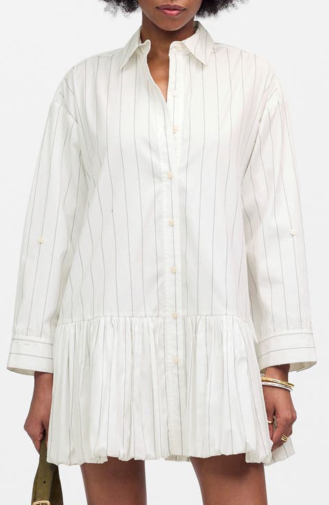 Pinstripe Poplin Bubble Hem Mini Shirtdress