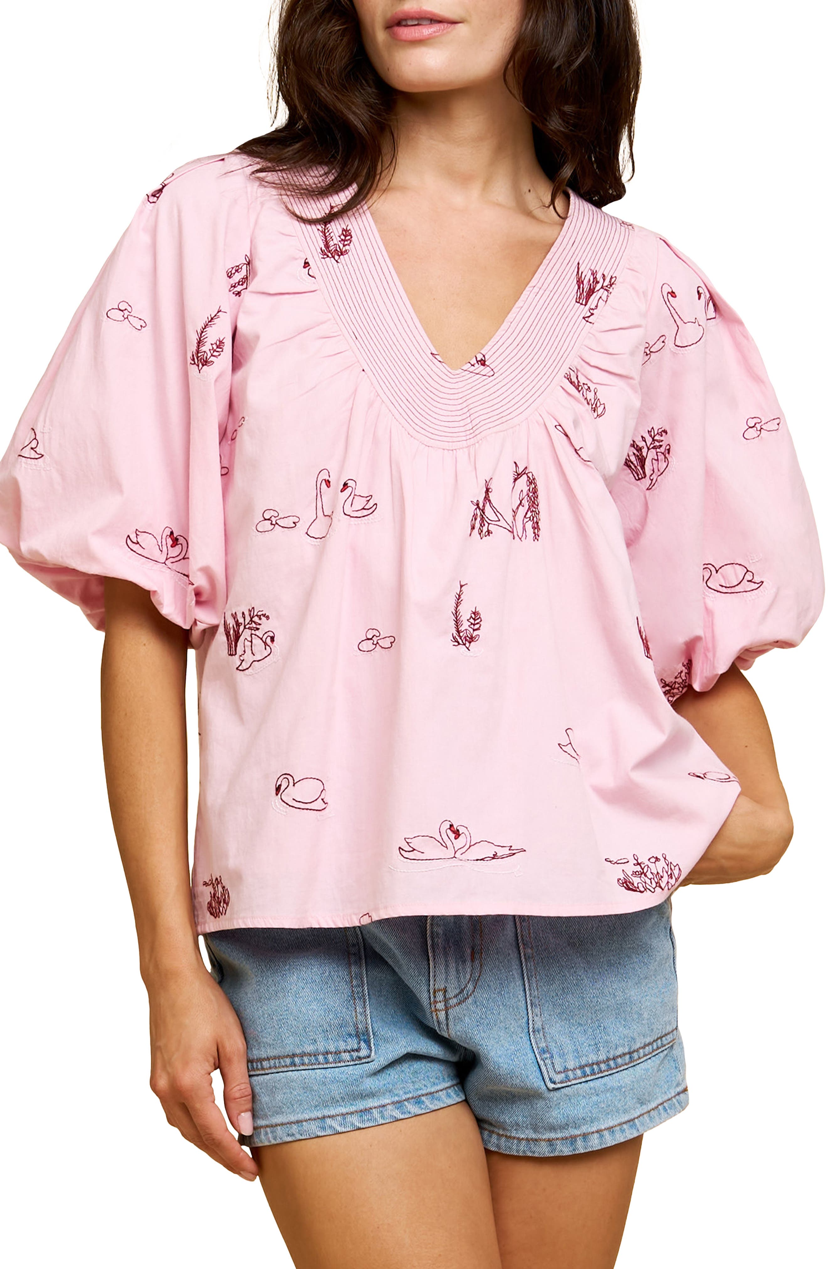 CIEBON Rosa Embroidered Puff Sleeve Top in Pink 