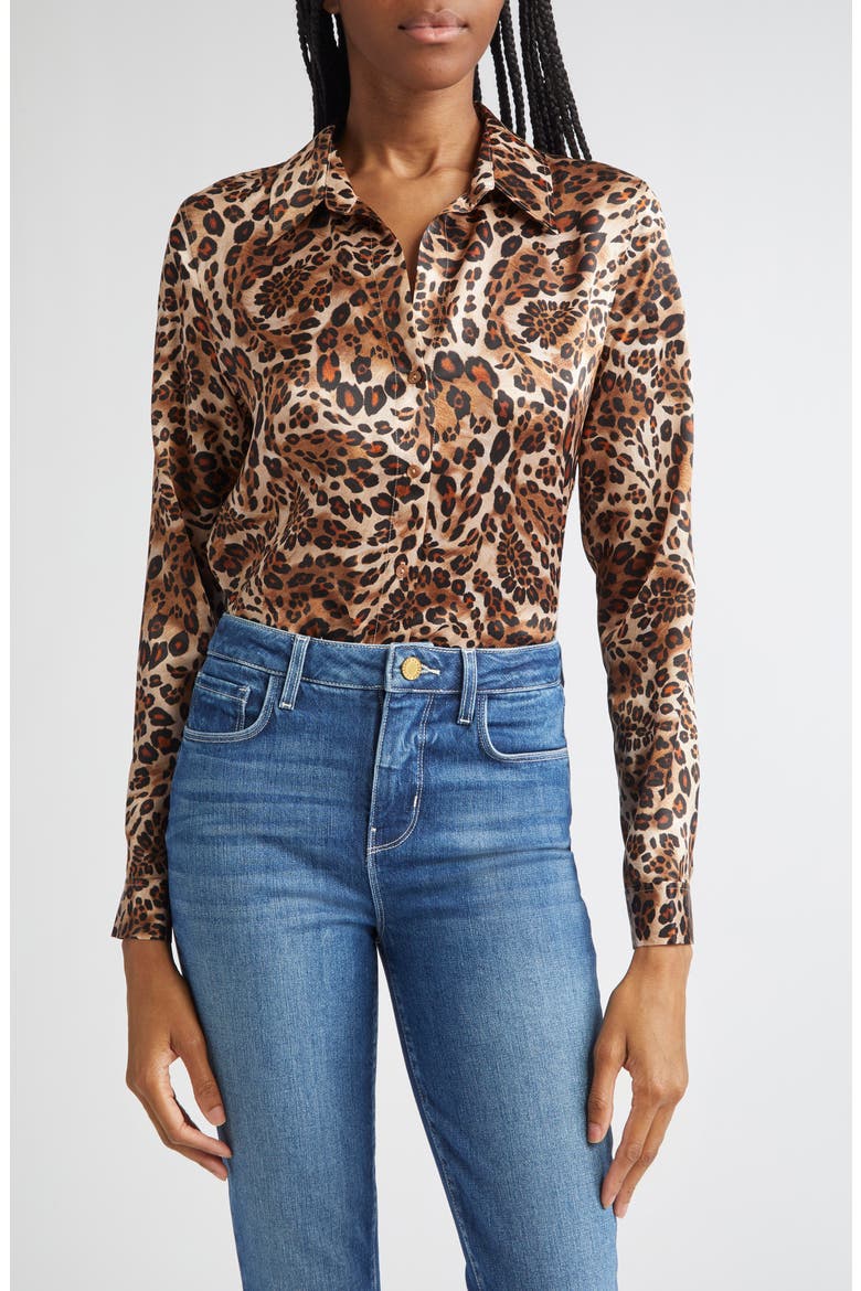 Tyler Leopard Print Silk Button-Up Shirt, Main, color, CINNAMON
