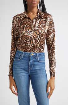 L'AGENCE Tyler Leopard Print Silk Button-Up Shirt