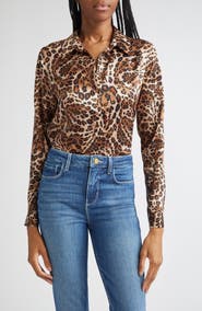 L'AGENCE Tyler Leopard Print Silk Button-Up Shirt