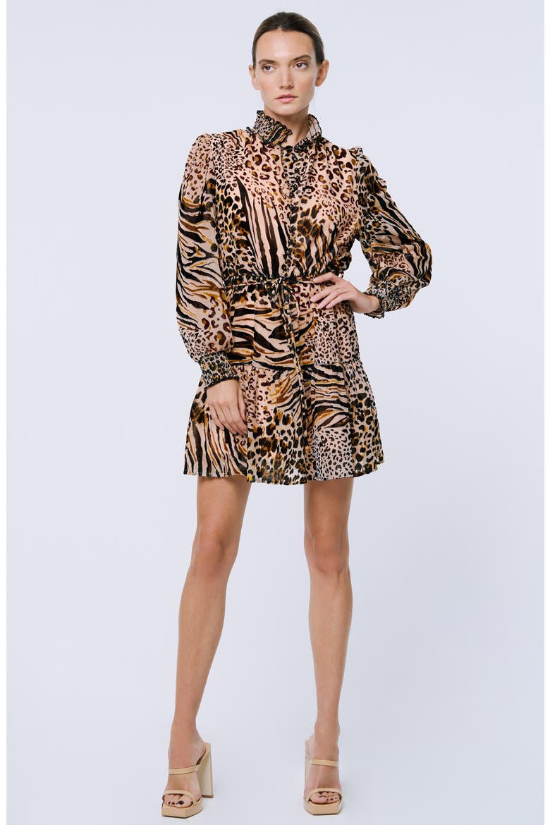 Gemma Print Long Sleeve Minidress, Alternate, color, BROWN MULTI