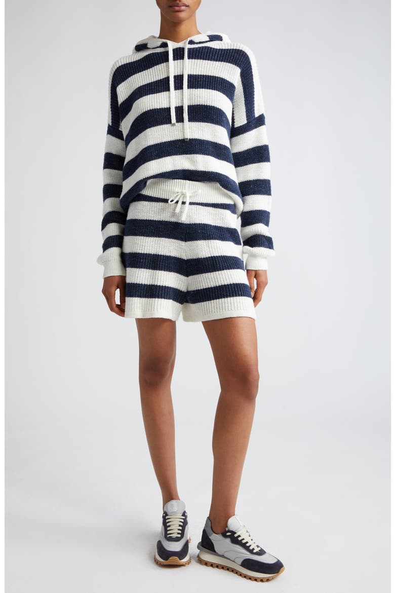 Stripe Cotton & Linen Blend Drawstring Sweater Shorts, Alternate, color, WHITE AND NAVY