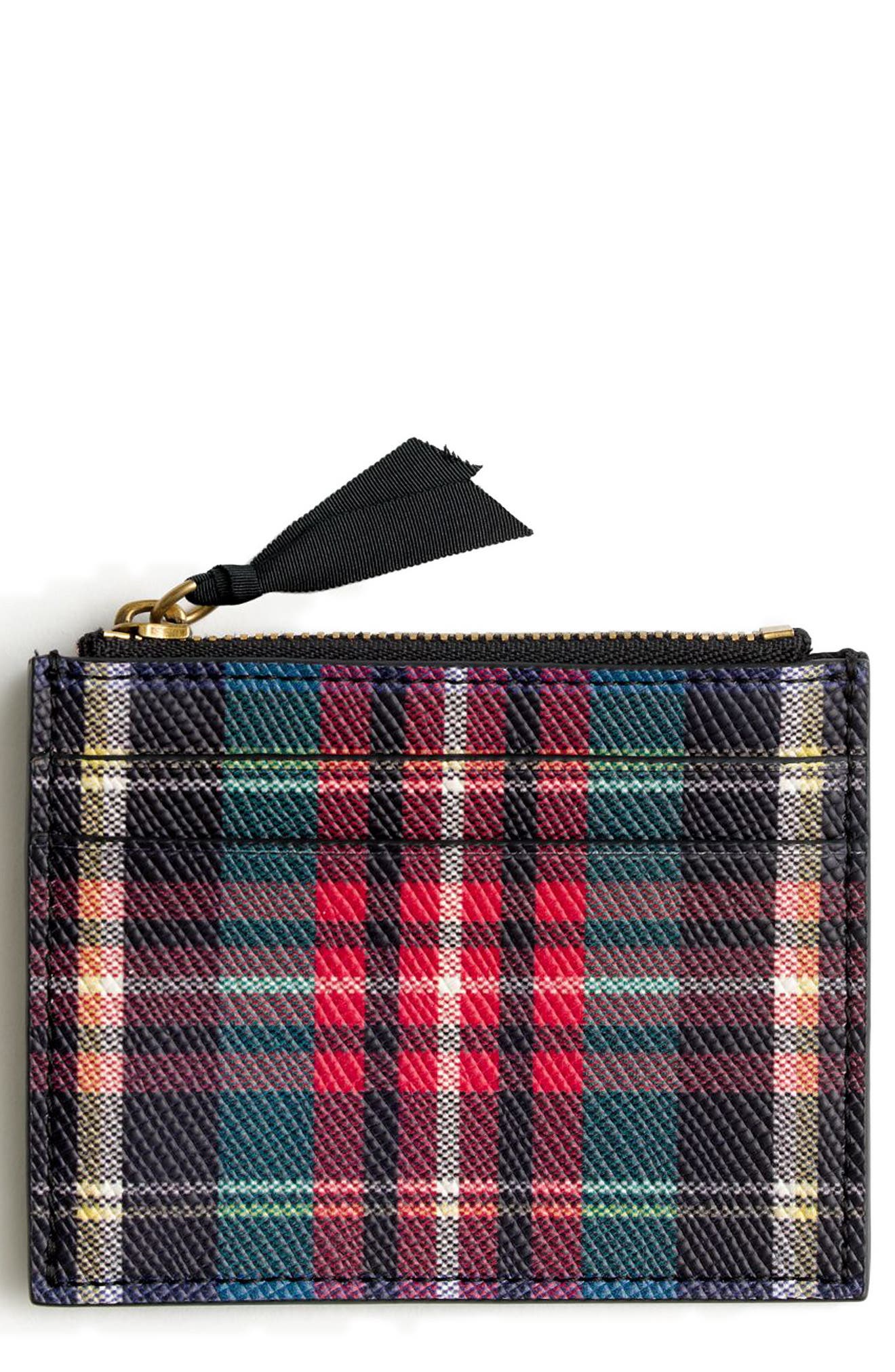 J.CREW FACTORY J.Crew Small Stewart Plaid Italian Leather Zip Wallet, Main, color, 