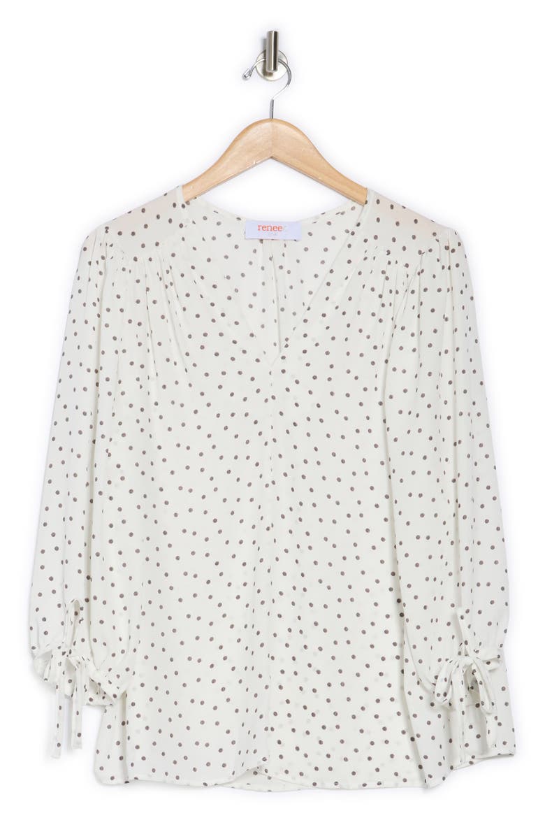 Polka Dot V-Neck Three-Quarter Sleeve Top, Alternate, color, IVORY